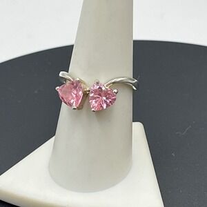 Sterling Silver 925 Double Heart Pink Ice Gemstone Faux Bypass Ring Sz 8.25